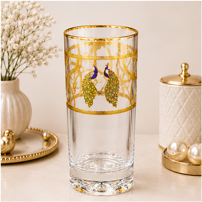 Crystal Peacock Whiskey Glass - Real Gold Plated - Set of 6 with Leather Briefcase