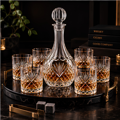 Emperor's Reserve Crystal Whiskey Decanter Set - 1 Decanter + 6 Glasses