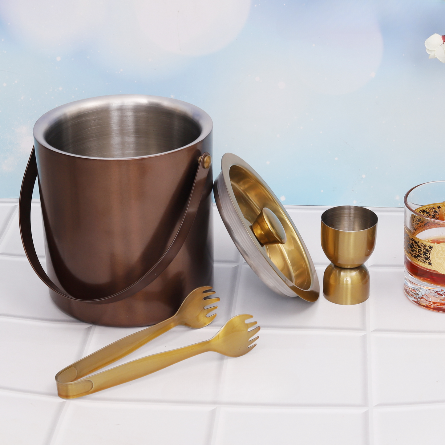Golden Copper Ice Bucket With Jigger And Tong