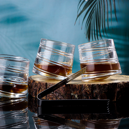 Revolving Swirl Glass With Wooden Coasters - Pure Crystal - Set Of 6
