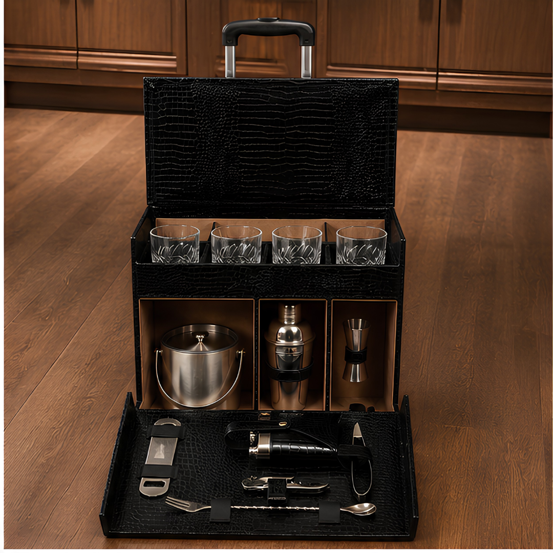 Luxury Leather Bar Trolley With Glasses & Bar Tools – 4 Bottle Holder Space