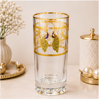 Crystal Peacock Whiskey Glass - Real Gold Plated - Set of 6 with Leather Briefcase