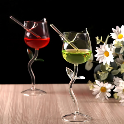 Rose Shaped Glass With Glass Straw