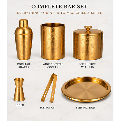 Home Bar Set - Gold Plated - 6 Piece Set - Hand Embossed