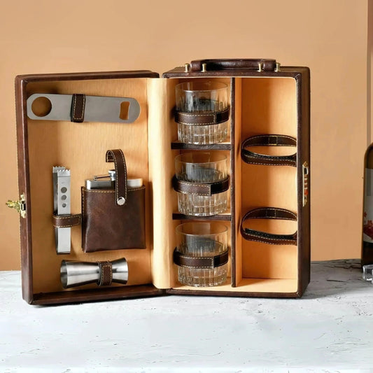 Leather Bar Briefcase With 3 Whiskey Glasses And Bar Tools