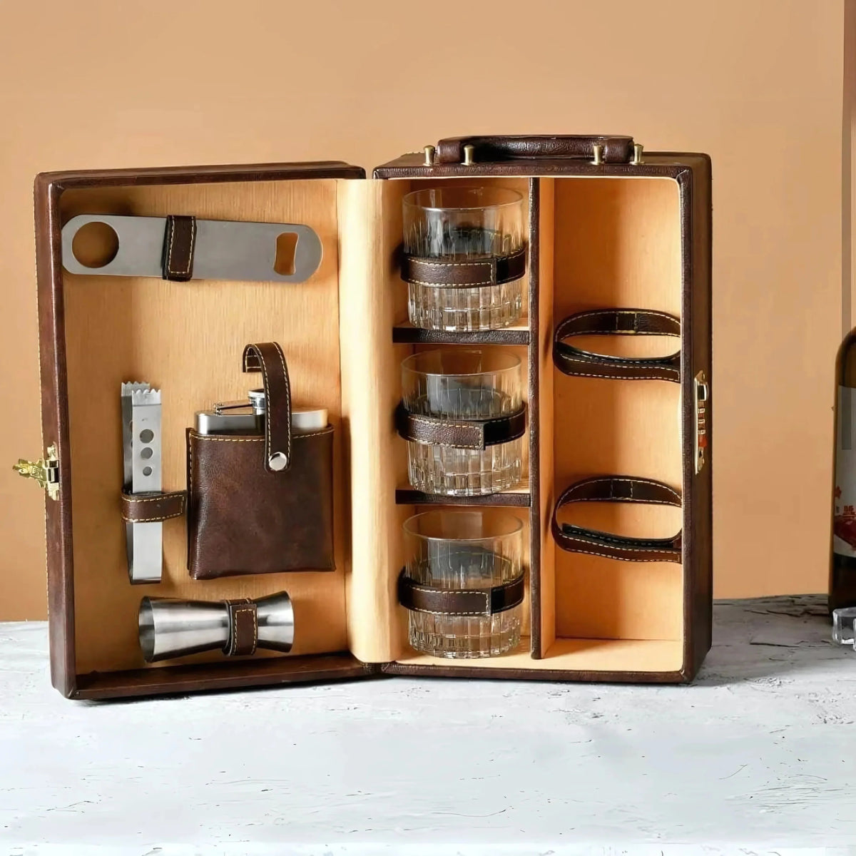 Leather Bar Briefcase With 3 Whiskey Glasses And Bar Tools
