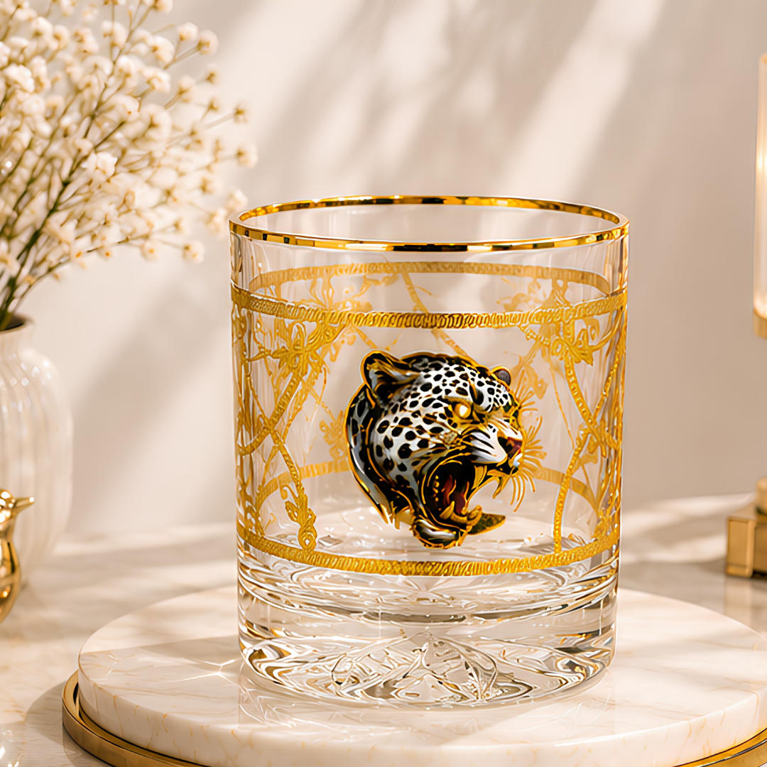 Crystal White Tiger Whiskey Glass - Real Gold Plated - Set of 6 with Leather Briefcase