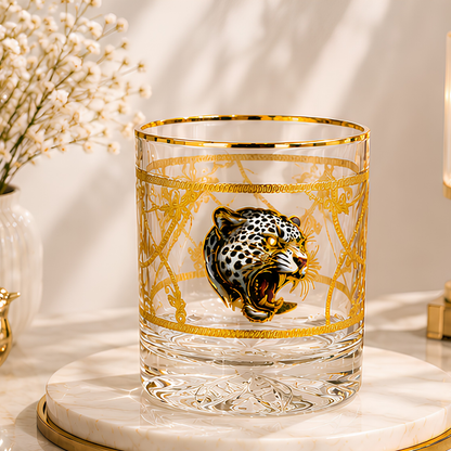Crystal White Tiger Whiskey Glass - Real Gold Plated - Set of 6 with Leather Briefcase