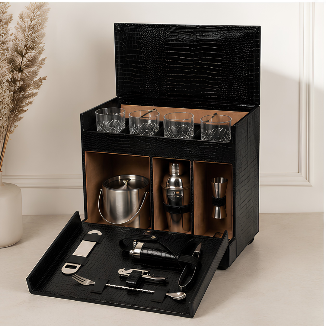 Luxury Leather Bar Trolley With Glasses & Bar Tools – 4 Bottle Holder Space