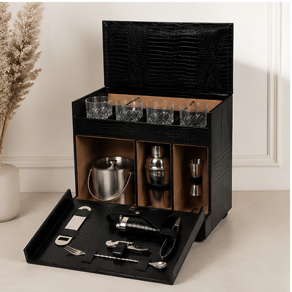 Luxury Leather Bar Trolley With Glasses & Bar Tools – 4 Bottle Holder Space
