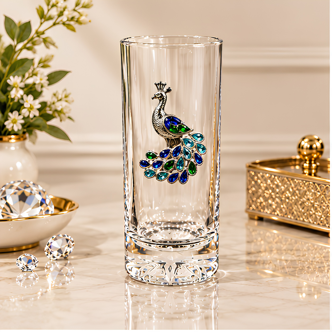 Peacock Royale Crystal Tumbler - Diamond Studded - Premium Leather Box - Set Of 6