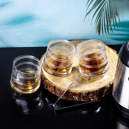 Revolving Swirl Glass With Wooden Coasters - Pure Crystal - Set Of 6