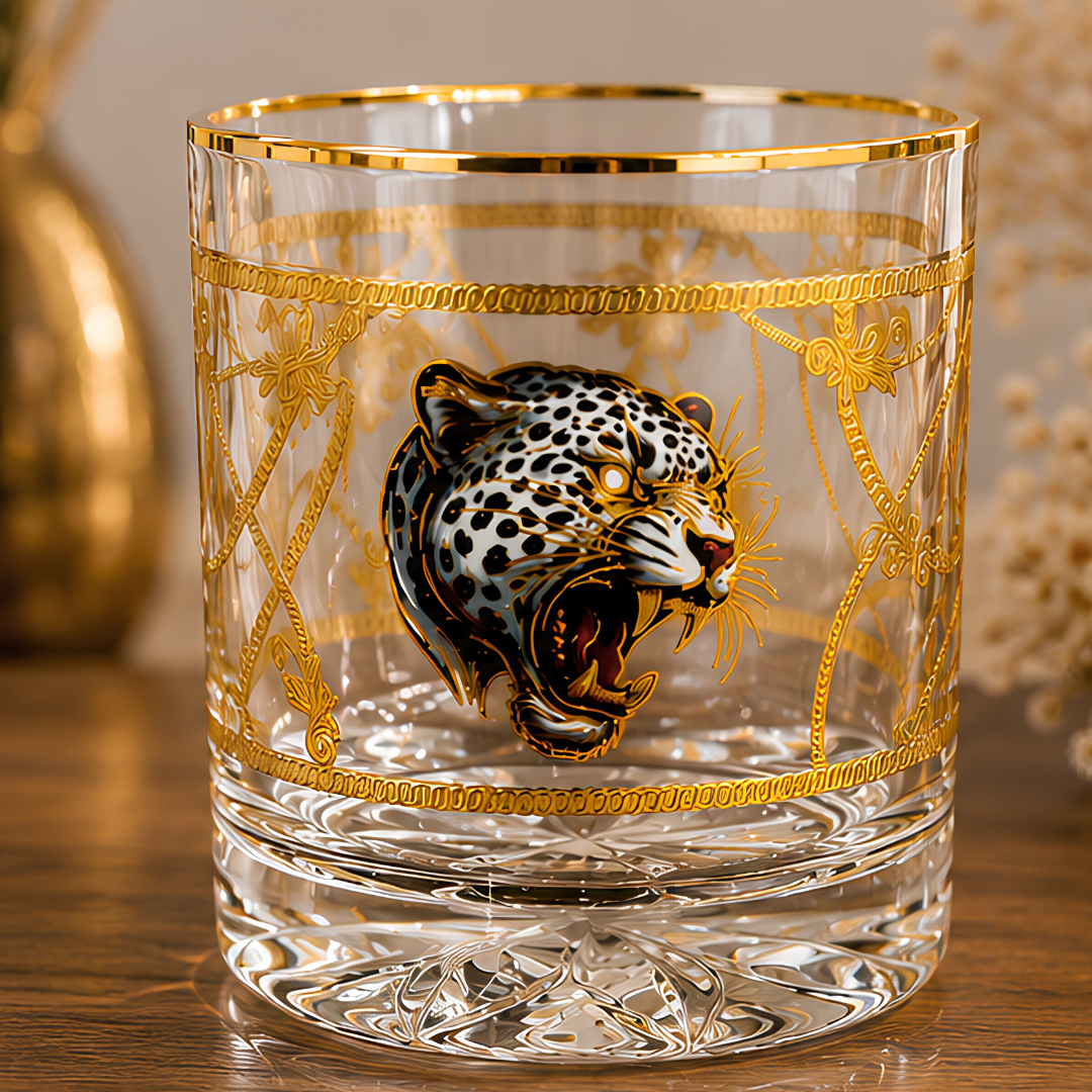 Crystal White Tiger Whiskey Glass - Real Gold Plated - Set of 6 with Leather Briefcase