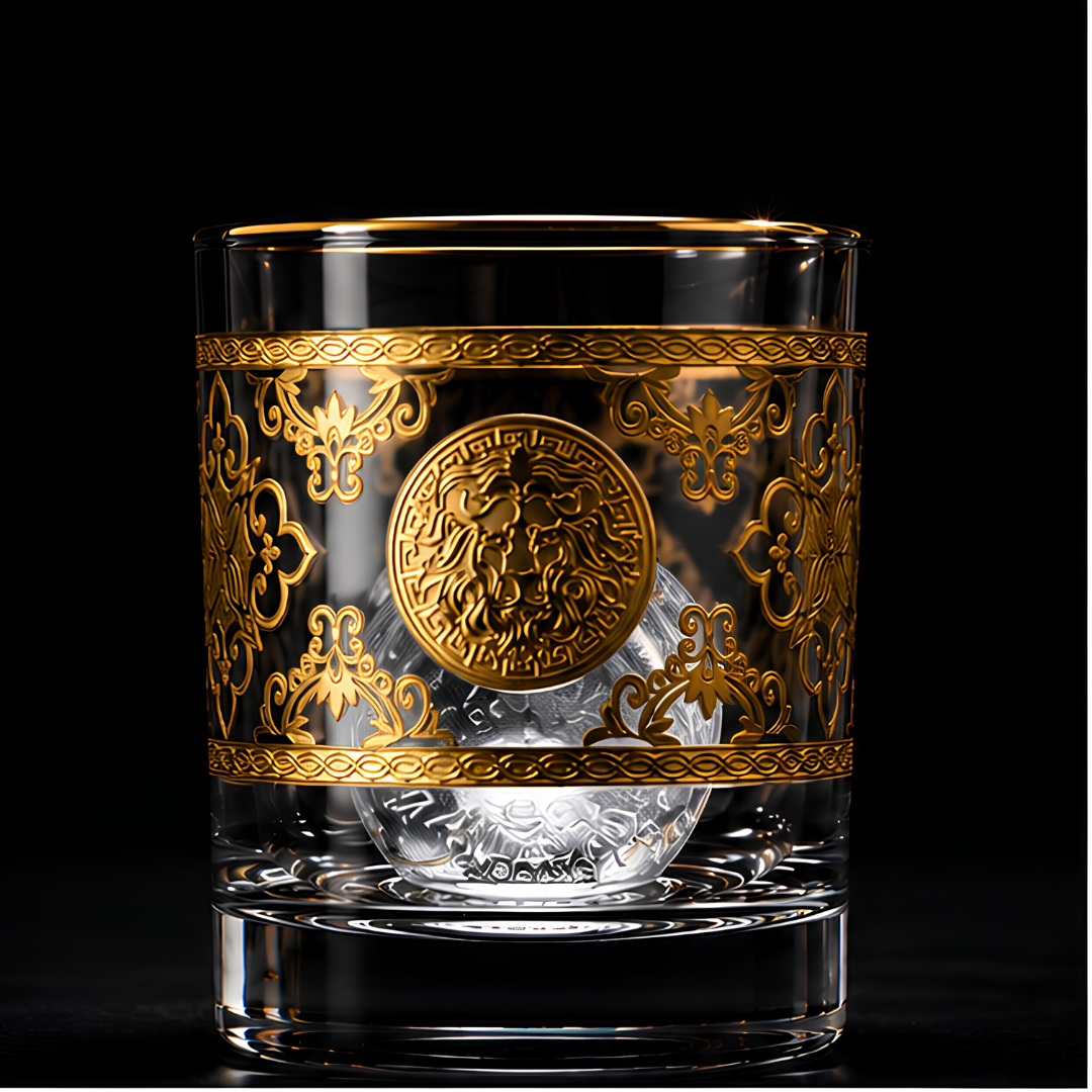 Royal Lion Whiskey Glass – Real Gold Embossed | Ash Crystal | Set of 6