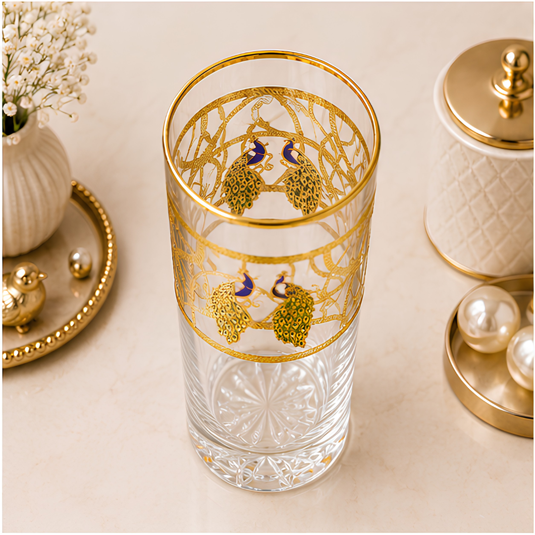 Crystal Peacock Whiskey Glass - Real Gold Plated - Set of 6 with Leather Briefcase
