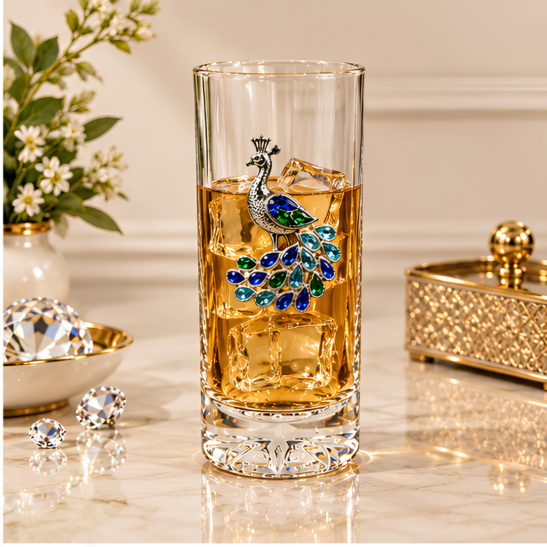 Peacock Royale Crystal Tumbler - Diamond Studded - Premium Leather Box - Set Of 6