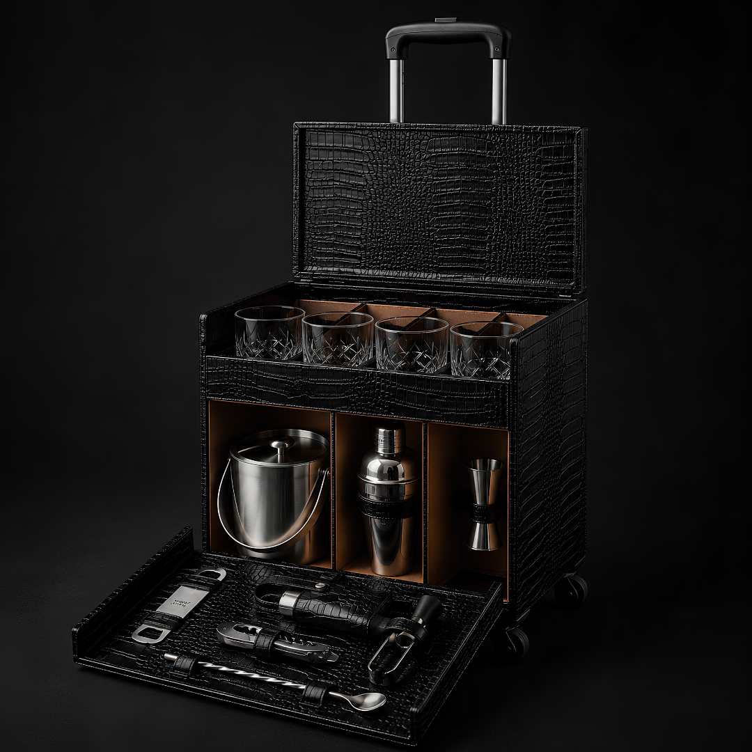 Luxury Leather Bar Trolley With Glasses & Bar Tools – 4 Bottle Holder Space