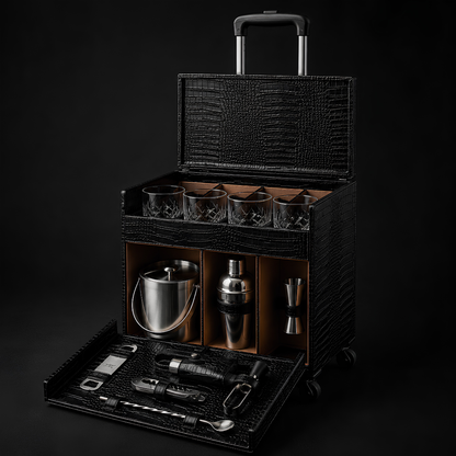 Luxury Leather Bar Trolley With Glasses & Bar Tools – 4 Bottle Holder Space