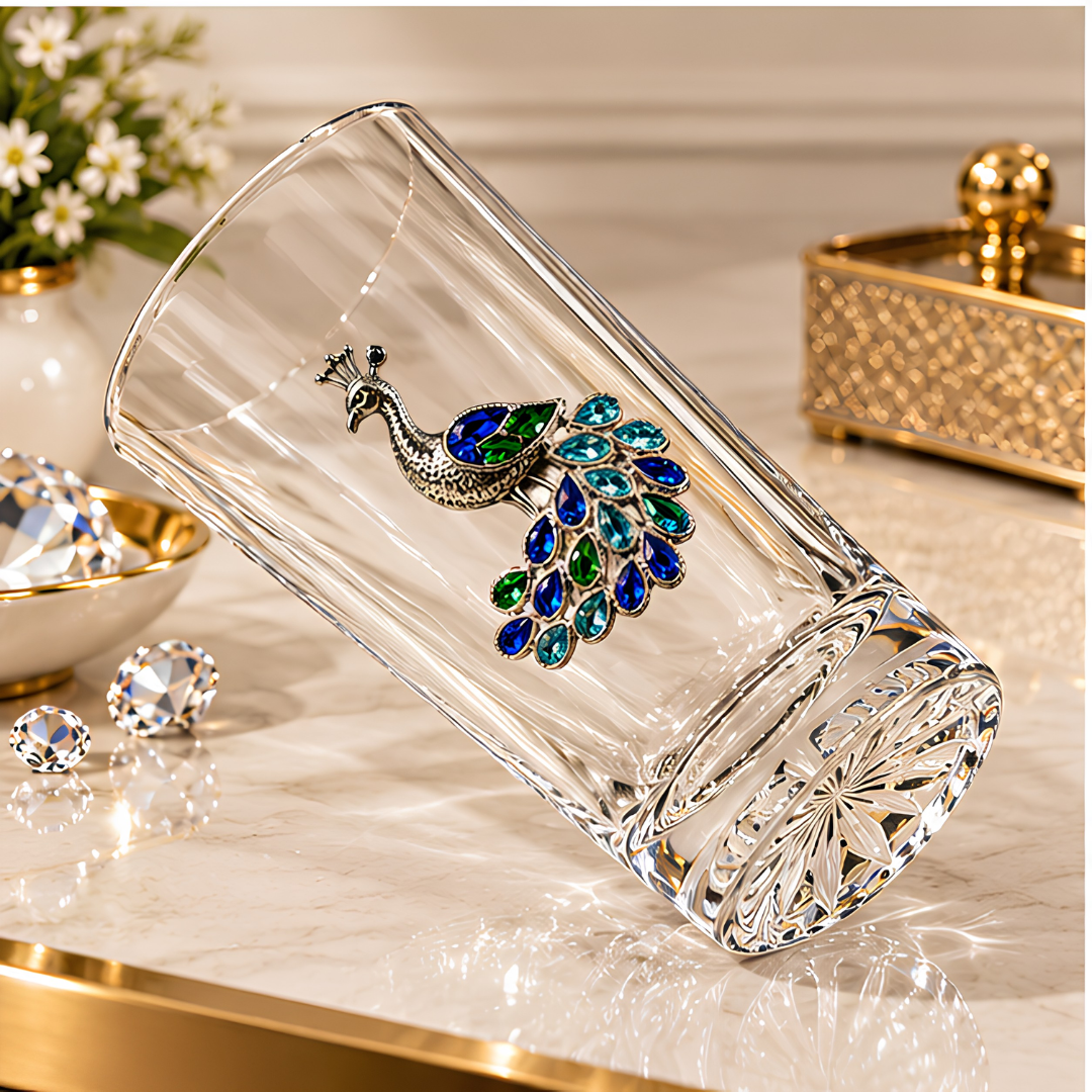 Peacock Royale Crystal Tumbler - Diamond Studded - Premium Leather Box - Set Of 6