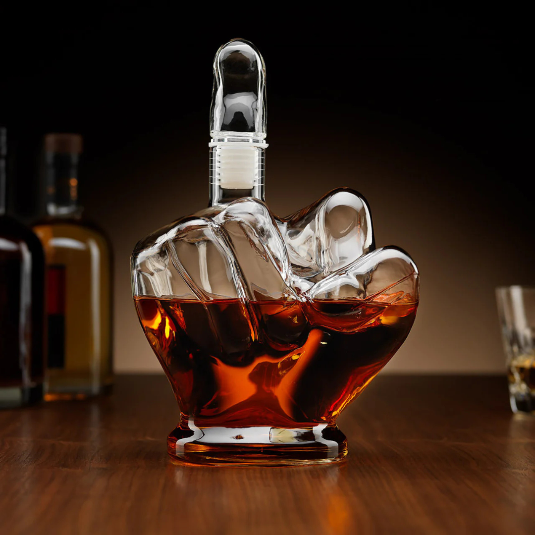 Middle Finger Crystal Whiskey Decanter Set - 1 Decanter 2 Glasses 1 Wooden Stand