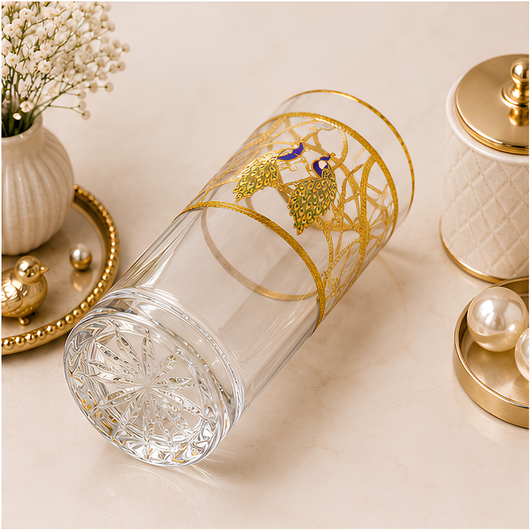 Crystal Peacock Whiskey Glass - Real Gold Plated - Set of 6 with Leather Briefcase