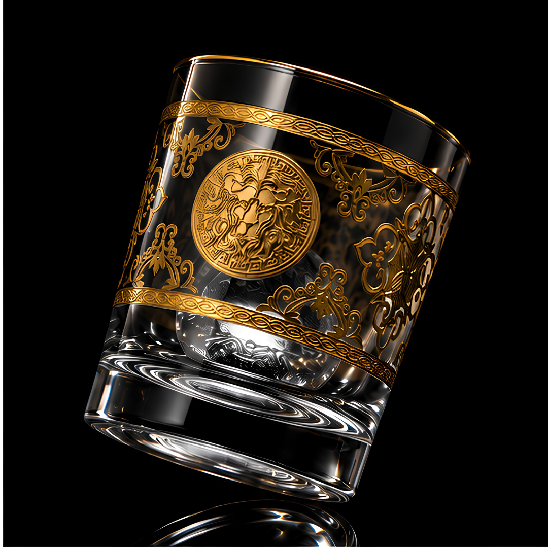 Royal Lion Whiskey Glass – Real Gold Embossed | Ash Crystal | Set of 6