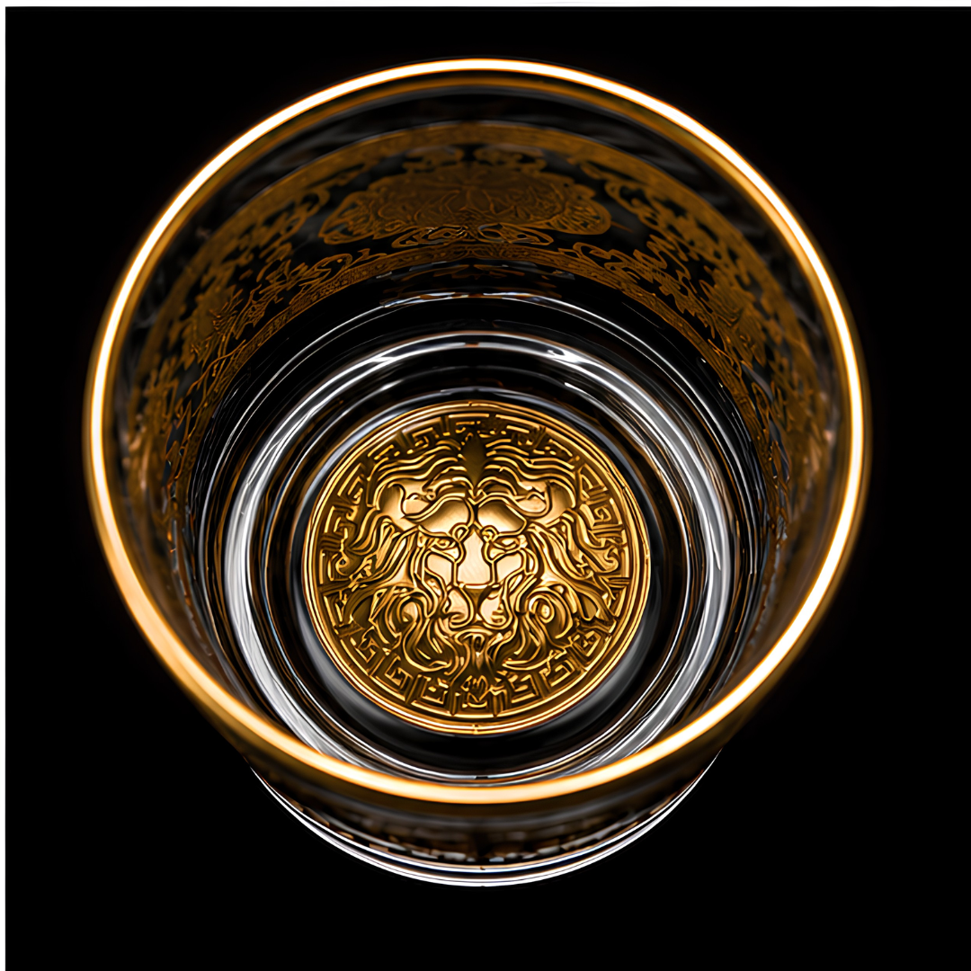 Royal Lion Whiskey Glass – Real Gold Embossed | Ash Crystal | Set of 6
