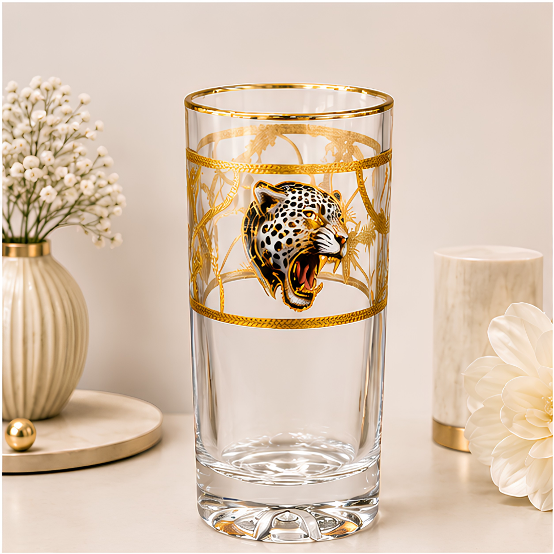 Crystal White Tiger Whiskey Glass - Real Gold Plated - Set of 6 with Leather Briefcase