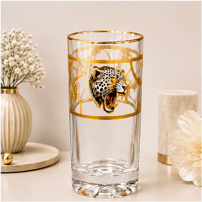 Crystal White Tiger Whiskey Glass - Real Gold Plated - Set of 6 with Leather Briefcase