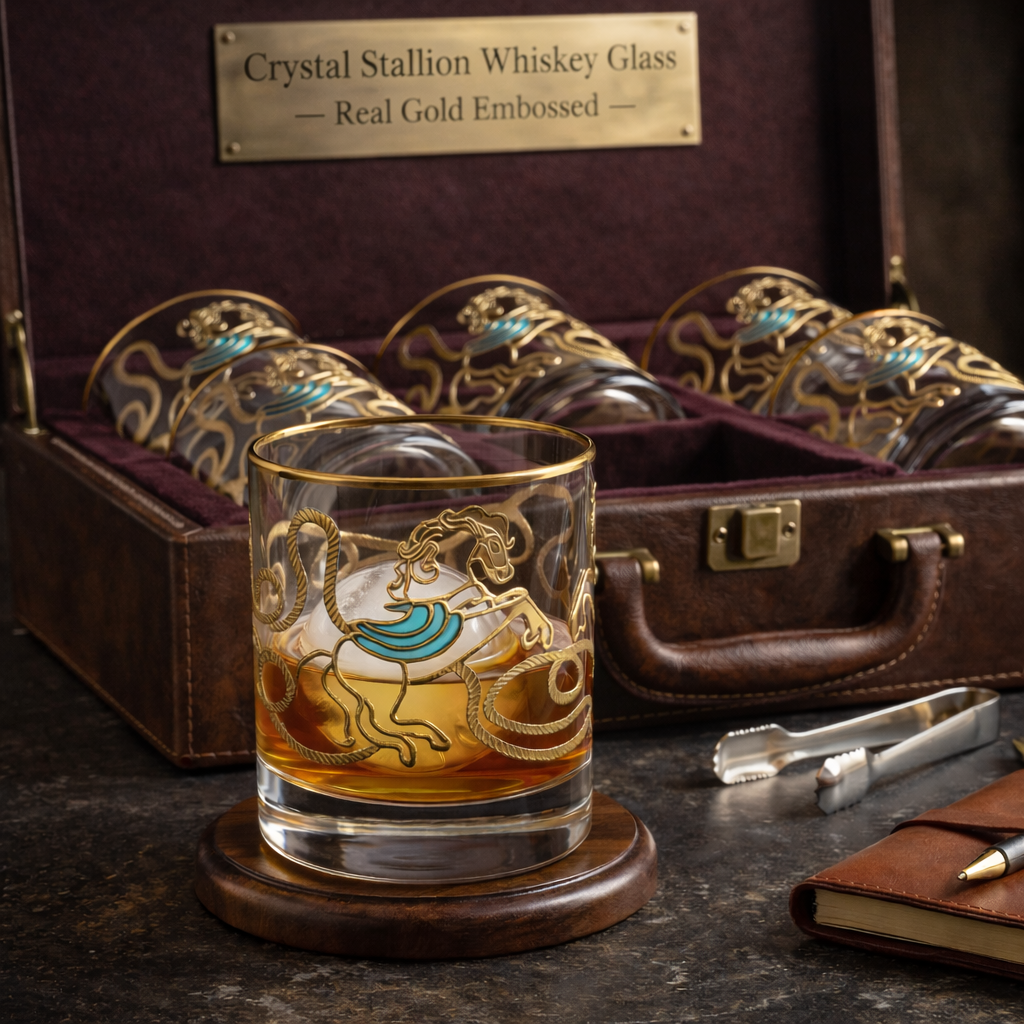 Crystal Stallion Whiskey Glass – Real Gold Embossed | Set of 6 - With Leather Gift Box