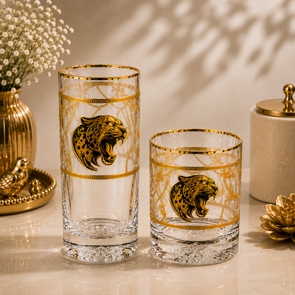 Crystal Leopard Gold Tumbler - Real Gold Plated - Set of 6 with Leather Briefcase