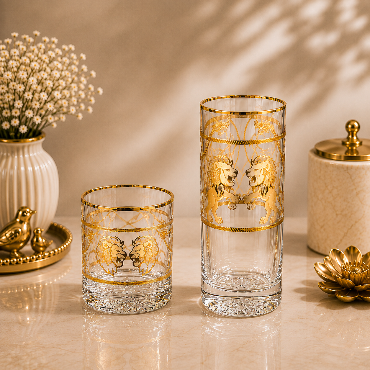 Crystal Lion Embossed Whiskey Glass - Real Gold Plated - Set of 6 with Leather Briefcase