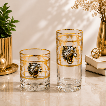 Crystal White Tiger Whiskey Glass - Real Gold Plated - Set of 6 with Leather Briefcase