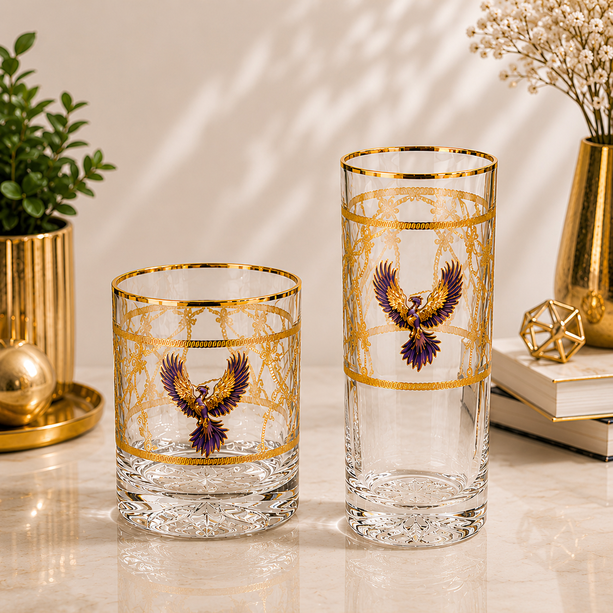 Crystal Phoenix Whiskey Glass - Real Gold Plated - Set of 6 with Leather Briefcase