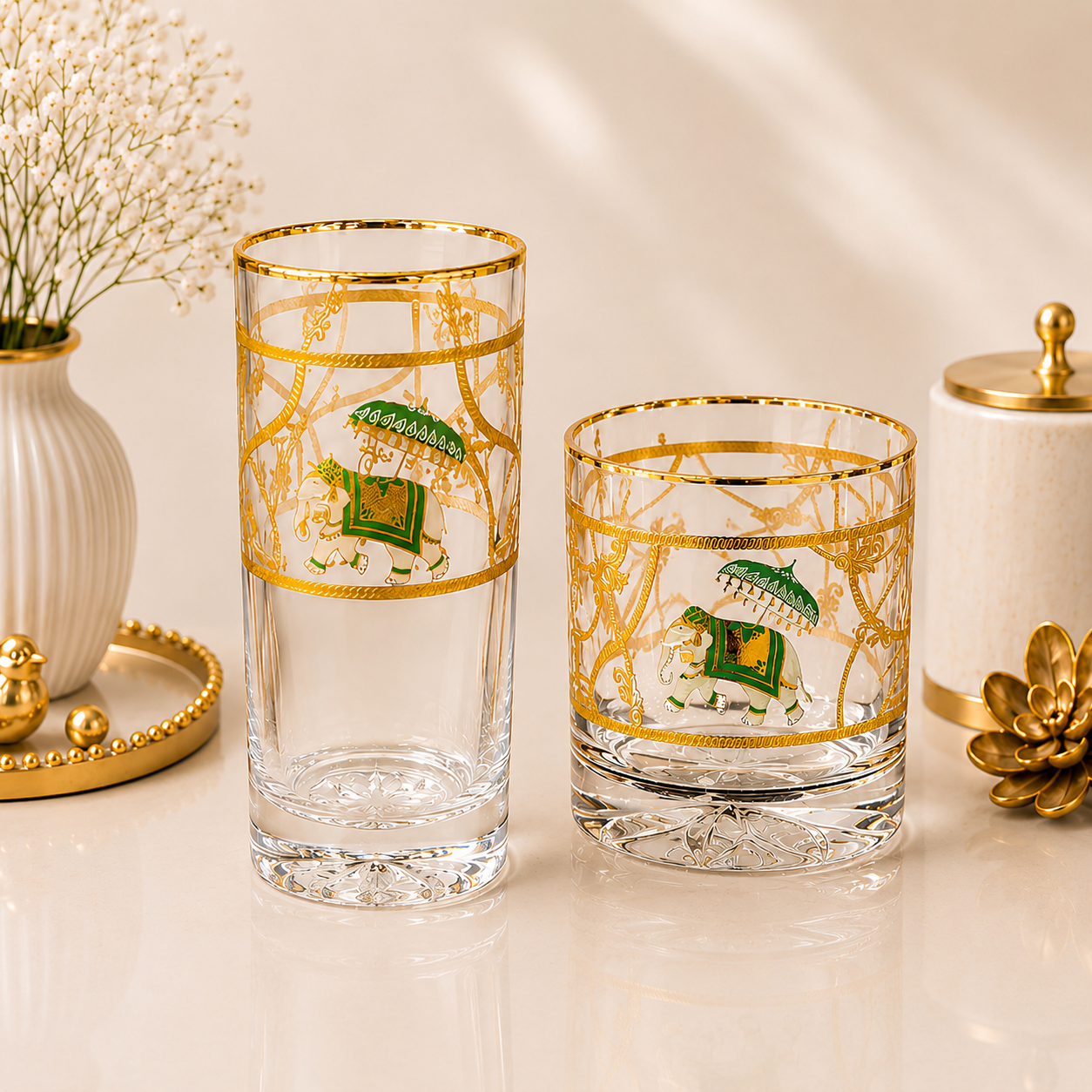 Royal Heritage Elephant Crystal Tumbler - Real Gold Plated - Set of 6 with Leather Briefcase