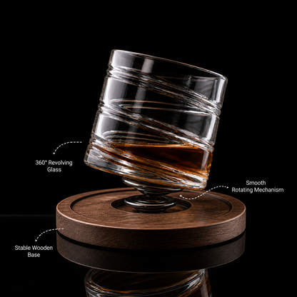 Revolving Swirl Glass With Wooden Coasters - Pure Crystal - Set Of 6