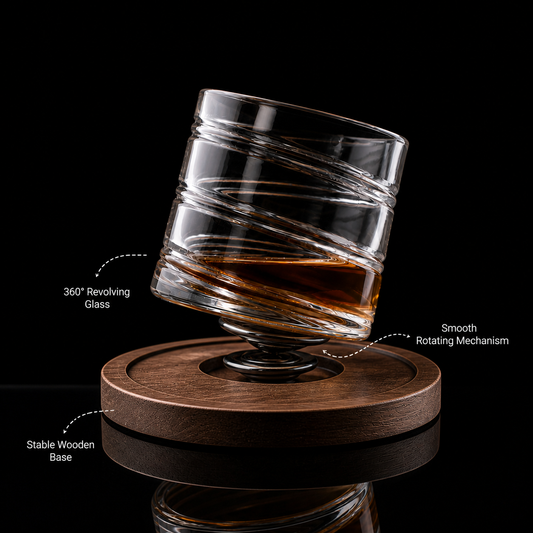 Revolving Swirl Glass With Wooden Coasters - Pure Crystal - Set Of 6