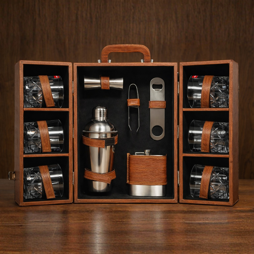 Double Door Portable Bar Box With 6 Crystal Whiskey Glasses And Bar Tools