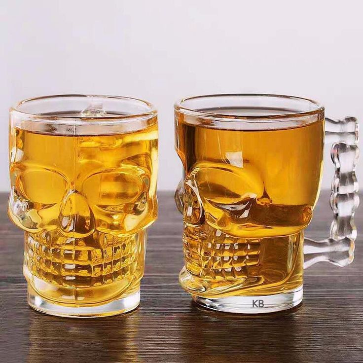 Set of 2 Skull Design Beer Glasses with skull-shaped bottoms.