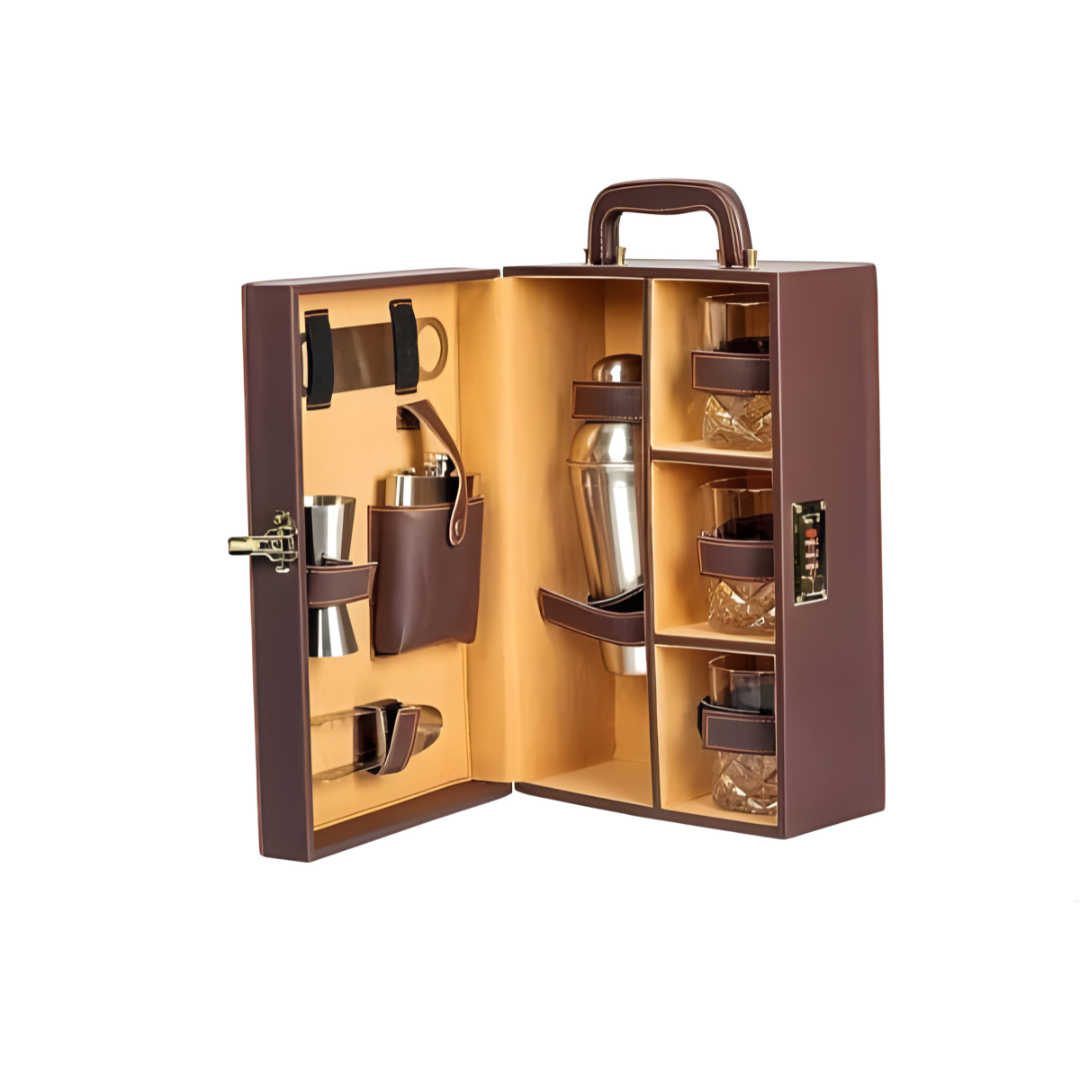Leather Bar Briefcase With 3 Whiskey Glasses And Bar Tools