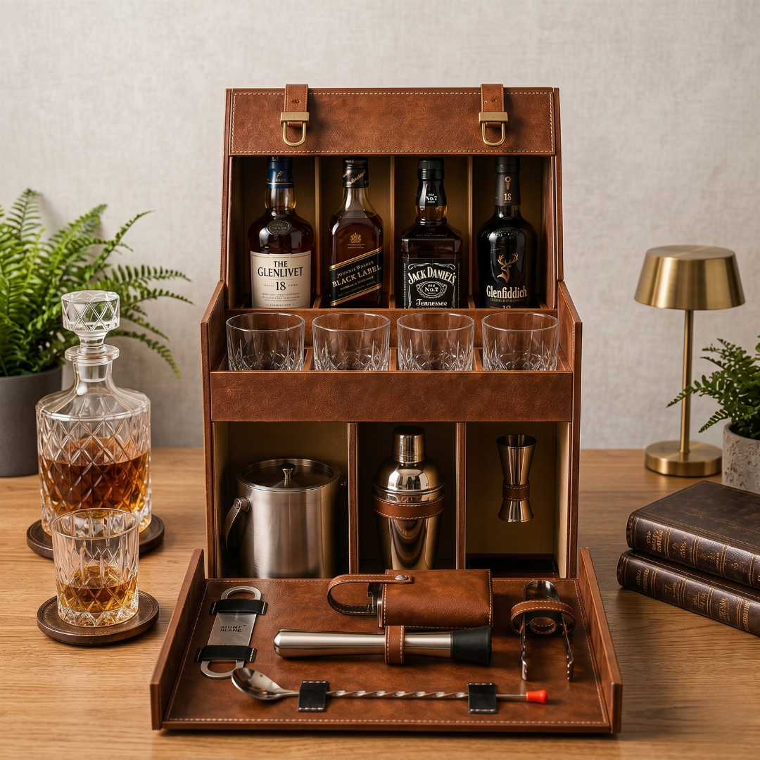 Luxury Portable Whiskey Bar Kit With Glasses And Accessories With 4 Bottle Holder Space