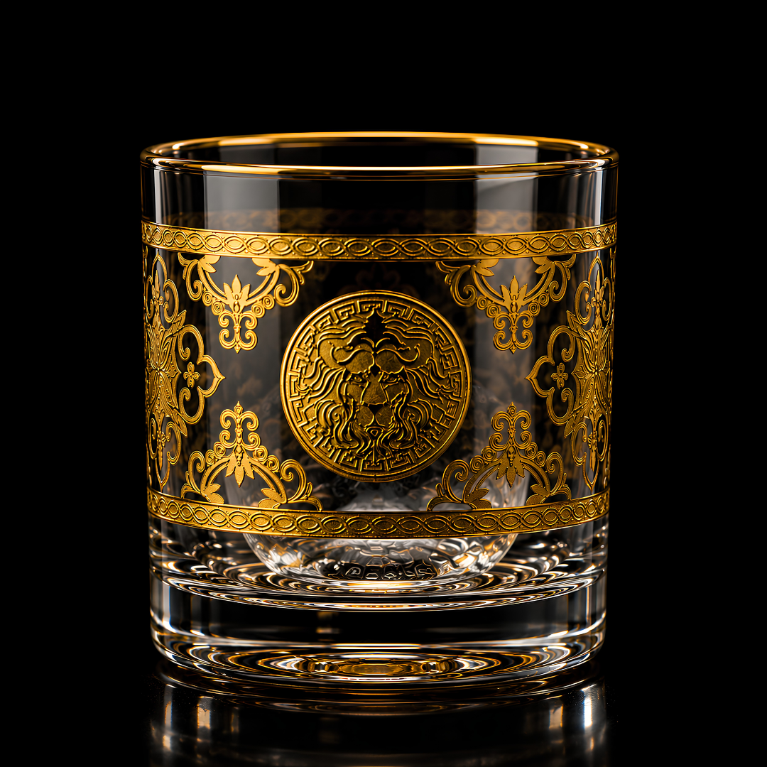 Royal Lion Whiskey Glass – Real Gold Embossed | Ash Crystal | Set of 6