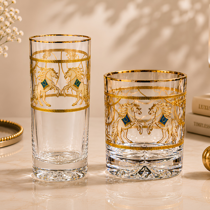 Crystal Horse Tumblr - Real Gold Plated - Set of 6 with Leather Box
