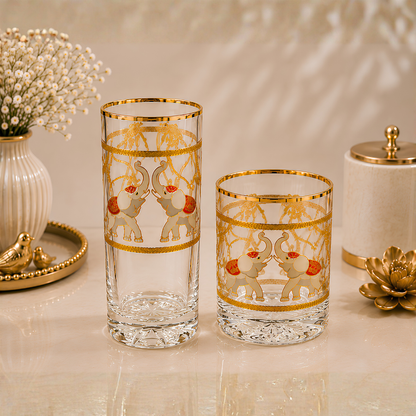 Majestic Elephant Crystal Tumbler - Real Gold Plated - Set of 6 with Leather Briefcase