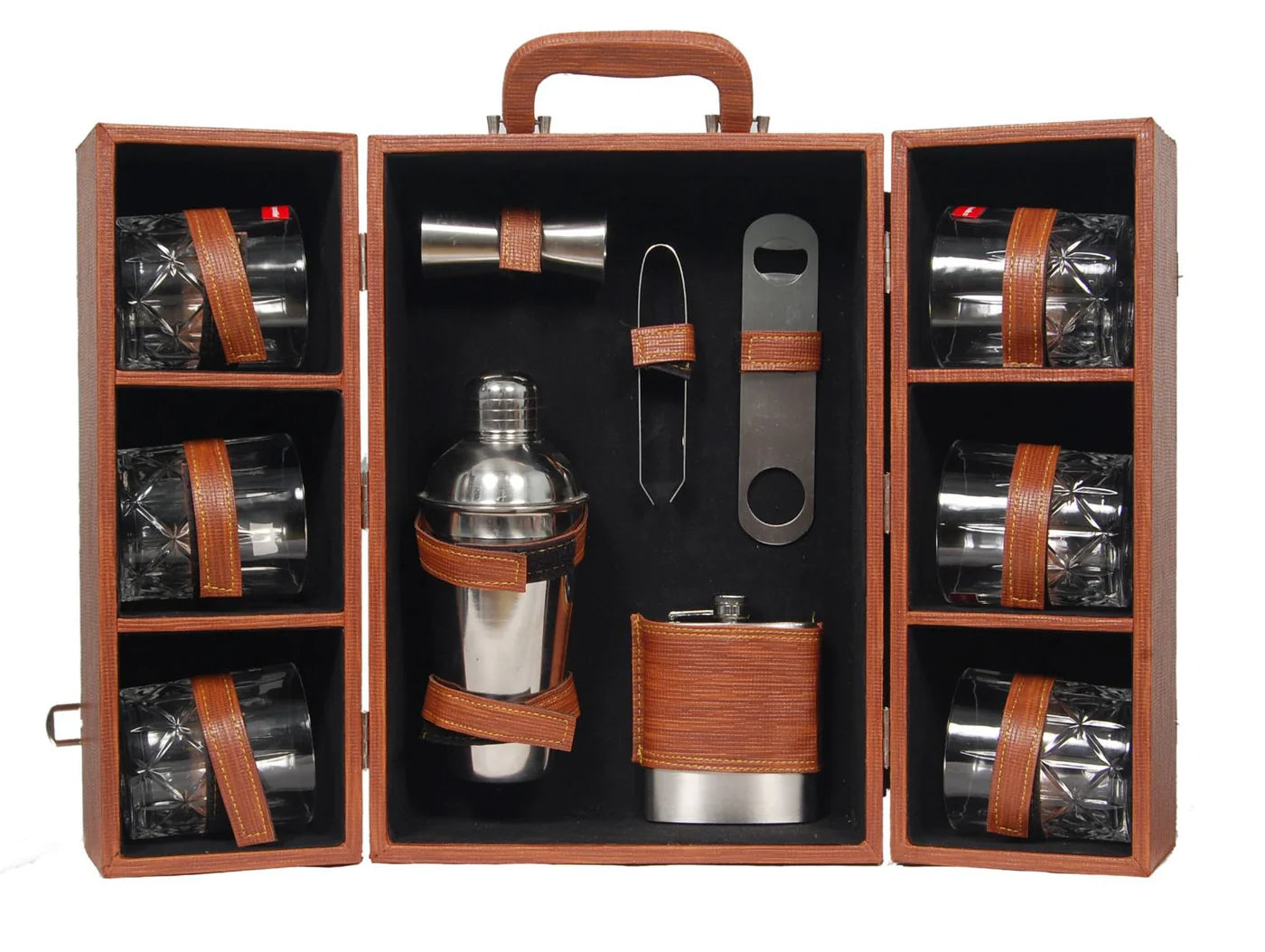 Double Door Portable Bar Box With 6 Crystal Whiskey Glasses And Bar Tools