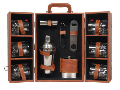 Double Door Portable Bar Box With 6 Crystal Whiskey Glasses And Bar Tools