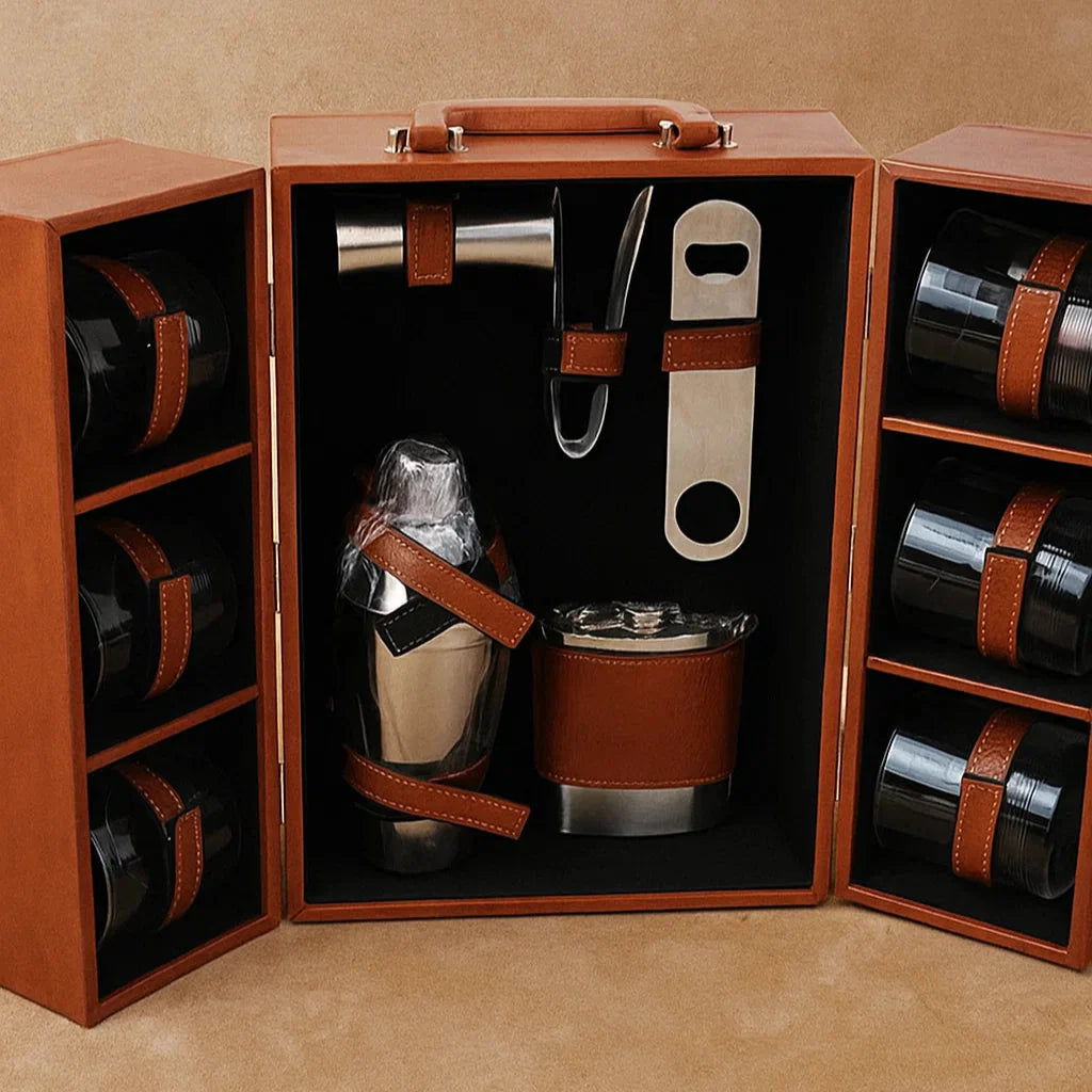 Double Door Portable Bar Box With 6 Crystal Whiskey Glasses And Bar Tools
