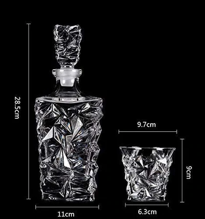 Crystal whiskey decanter and matching glass set with geometric design and size measurements on black background.
