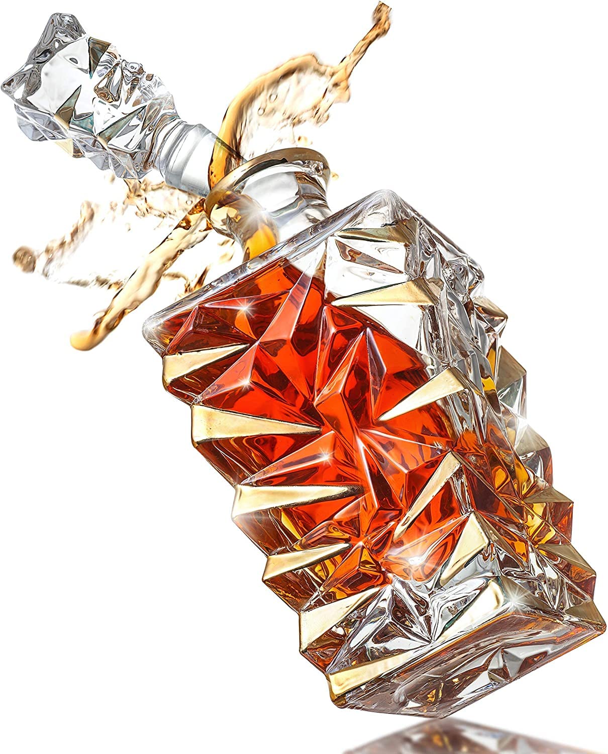 Diamond-patterned crystal whiskey decanter with stopper, splashing amber liquor