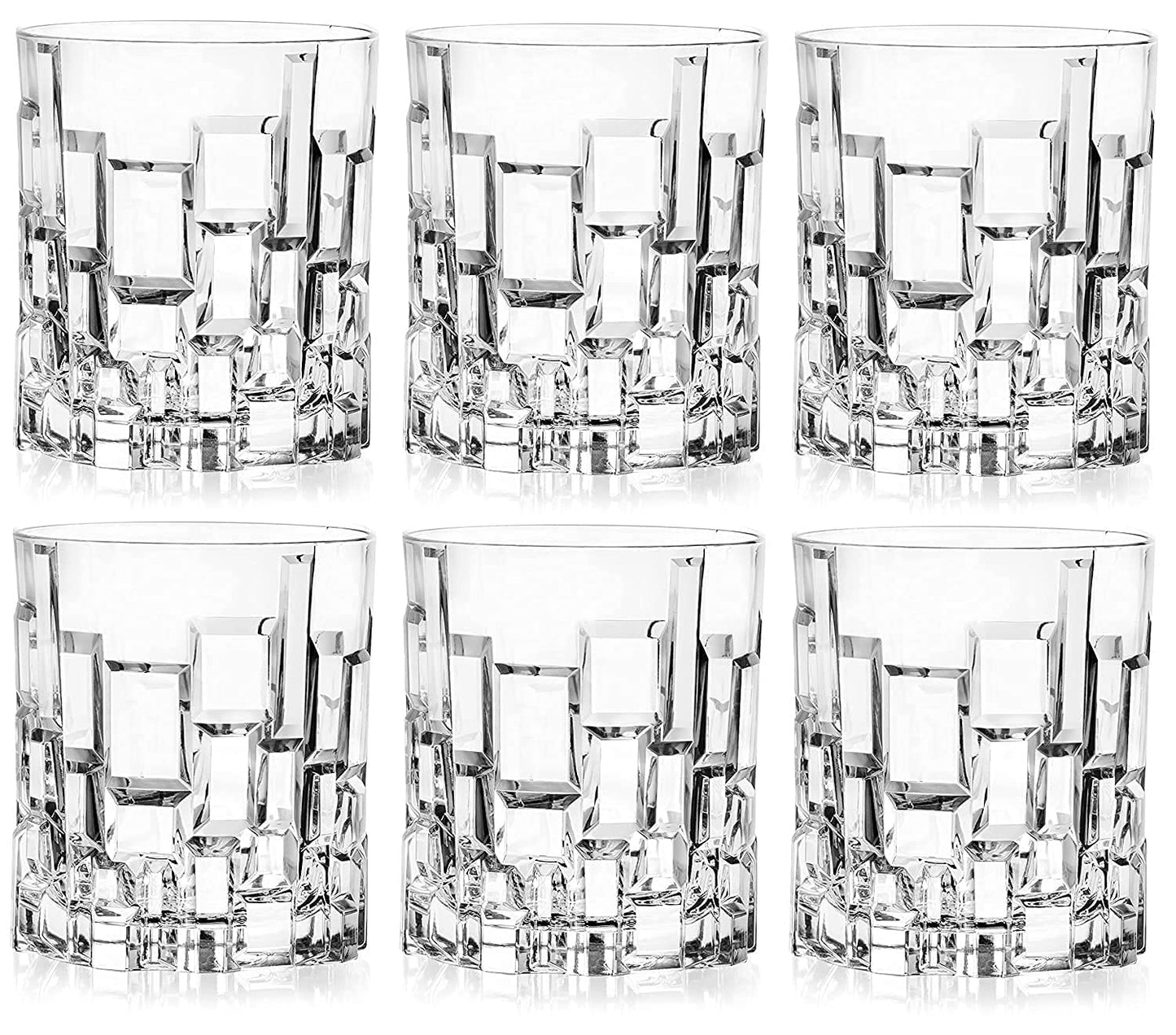 Set of six geometric crystal whiskey glasses with textured square design in rows